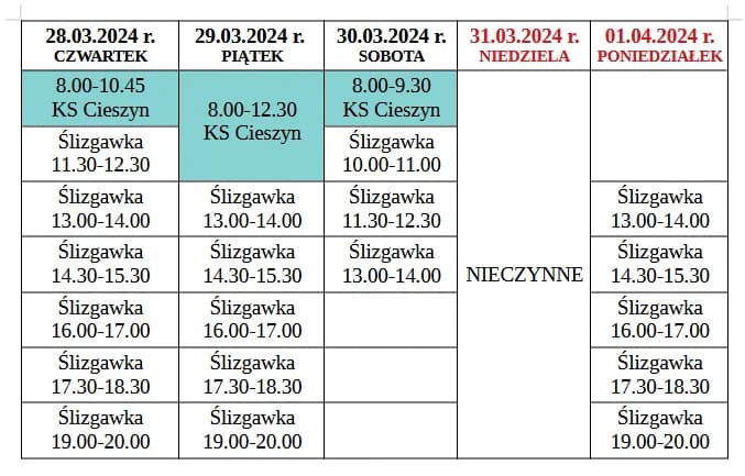 Aktualny harmonogram lodowiska w Cieszynie - godziny i ceny
